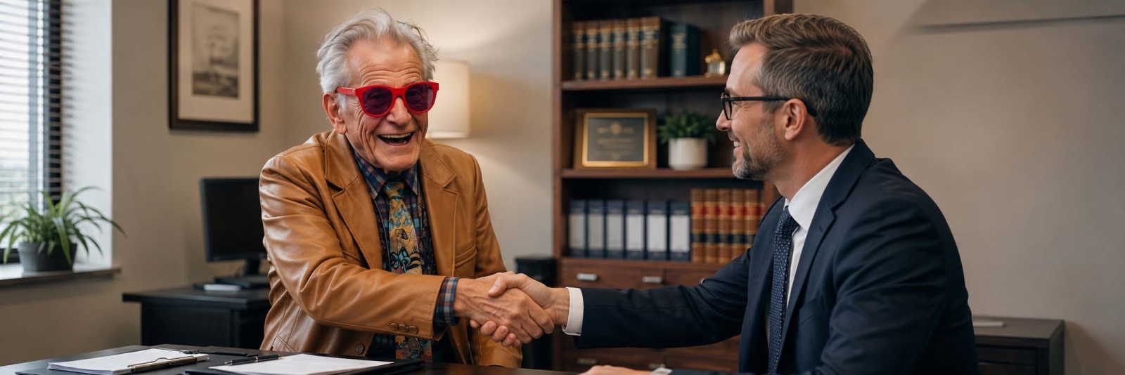 Older man shaking hands with a solicitor about equity release and power of attorney