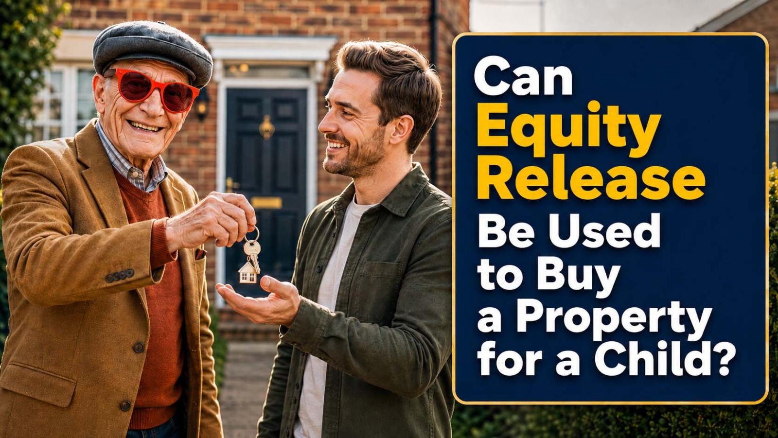 Older father handing house keys to his adult son outside a British home, illustrating using equity release to help a child buy a property.