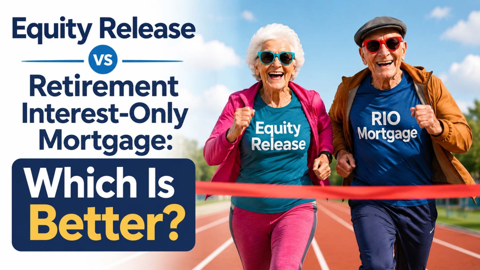 Older couple racing side by side wearing Equity Release and RIO Mortgage shirts, illustrating the comparison between equity release and retirement interest-only mortgages.