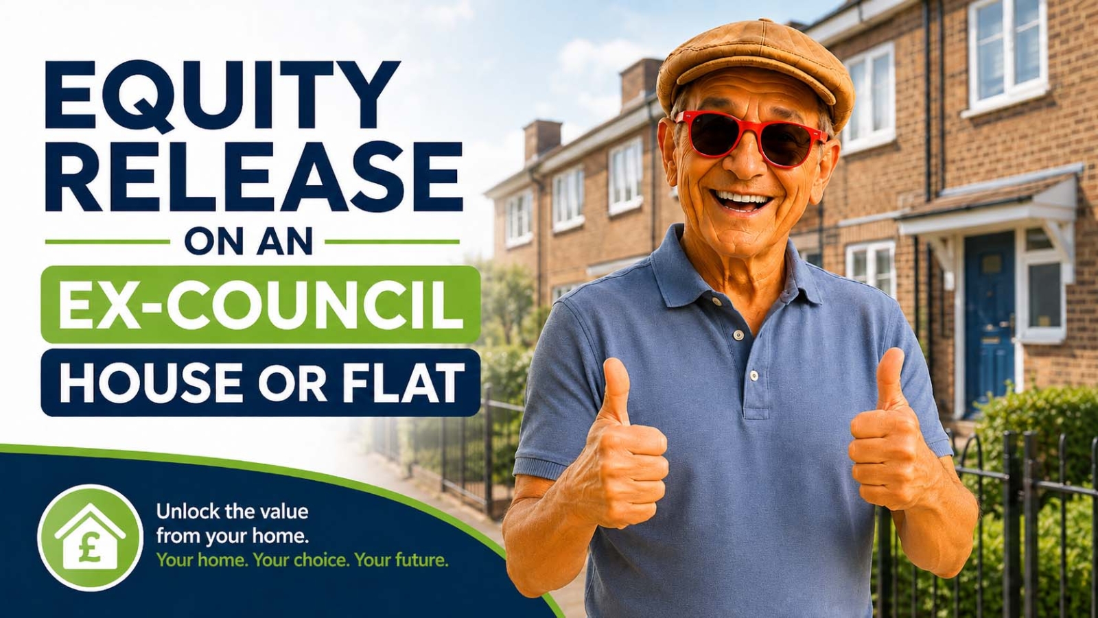 Older homeowner giving two thumbs up outside a row of British ex-council houses, illustrating equity release on an ex-council house or flat.