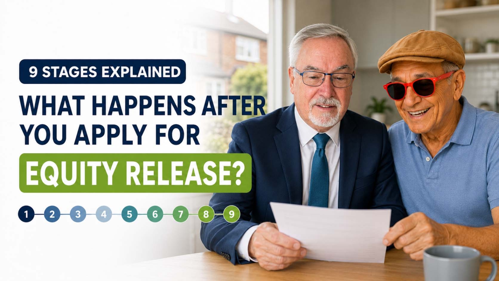 A My Later Life adviser in a navy suit reviews paperwork with an older homeowner at a kitchen table. The thumbnail reads: &ldquo;What Happens After You Apply for Equity Release? 9 Stages Explained.&rdquo;
