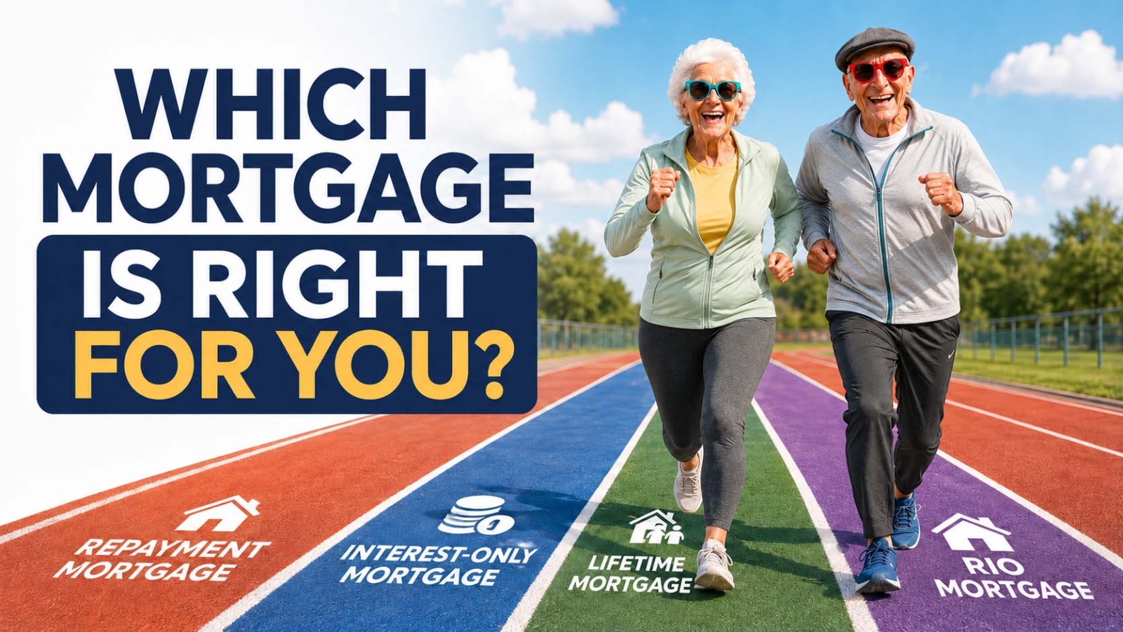 A cheerful older couple in colourful activewear run towards the camera on a bright outdoor athletics track. Four lanes are labelled Repayment Mortgage, Interest-Only Mortgage, Lifetime Mortgage and RIO Mortgage. The headline asks, &ldquo;Which mortgage is right for you?&rdquo;