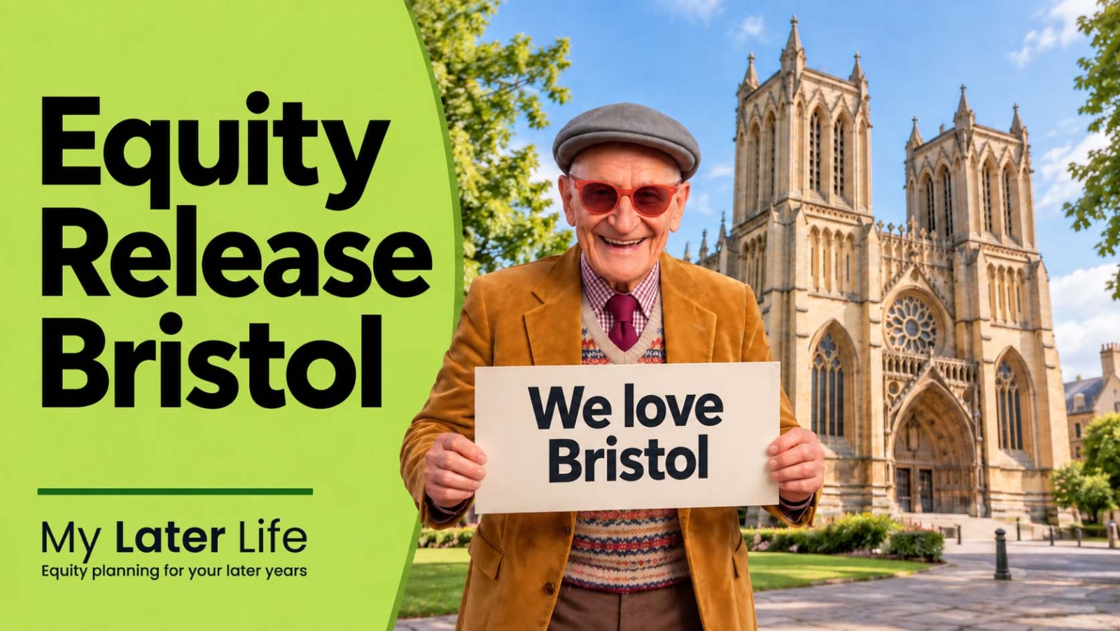 image of a old man standing outside the famous bristol cathedral holding a sign . 