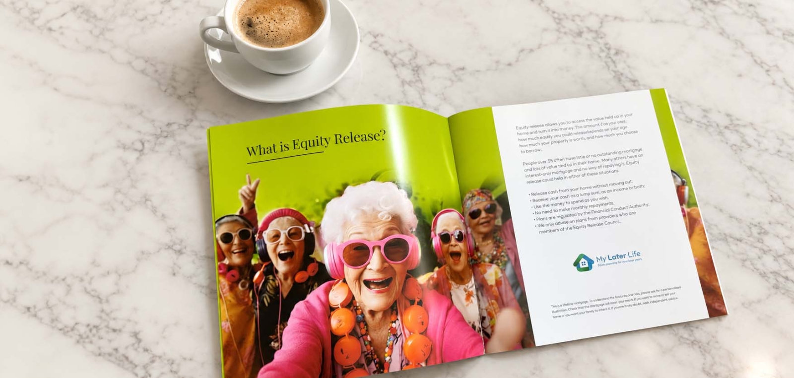 one of our glossy brochures for equity release on a kitchen counter