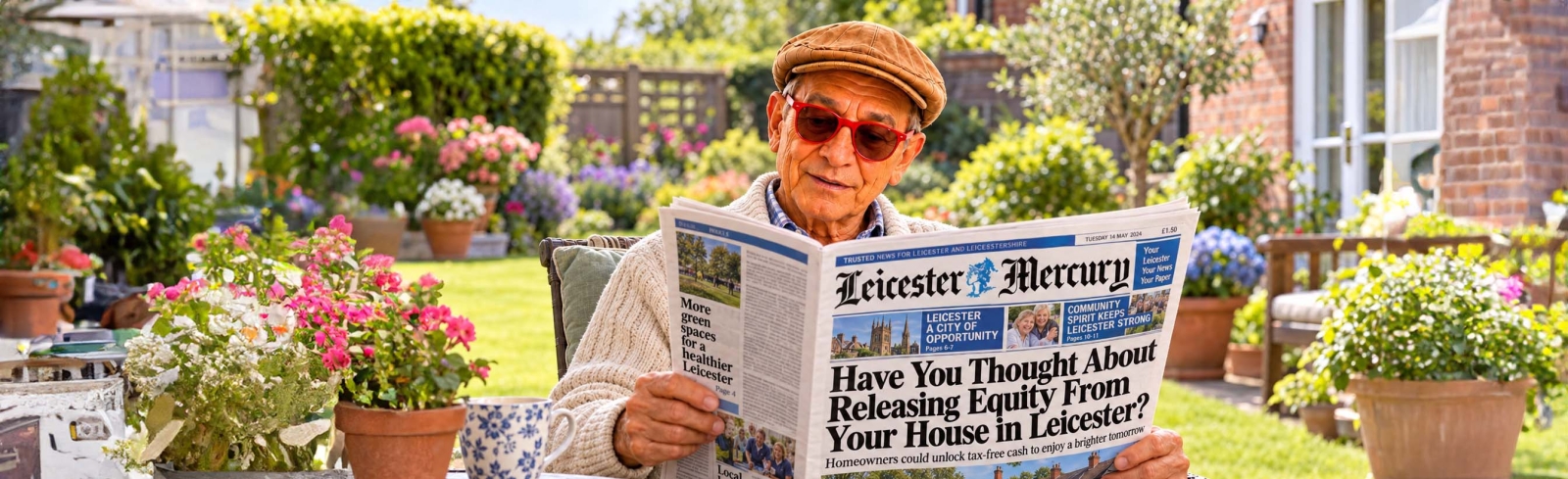 MAN IN IS GARDEN IN LEICESTER READING THE LEICESTER MERCURY PAPER