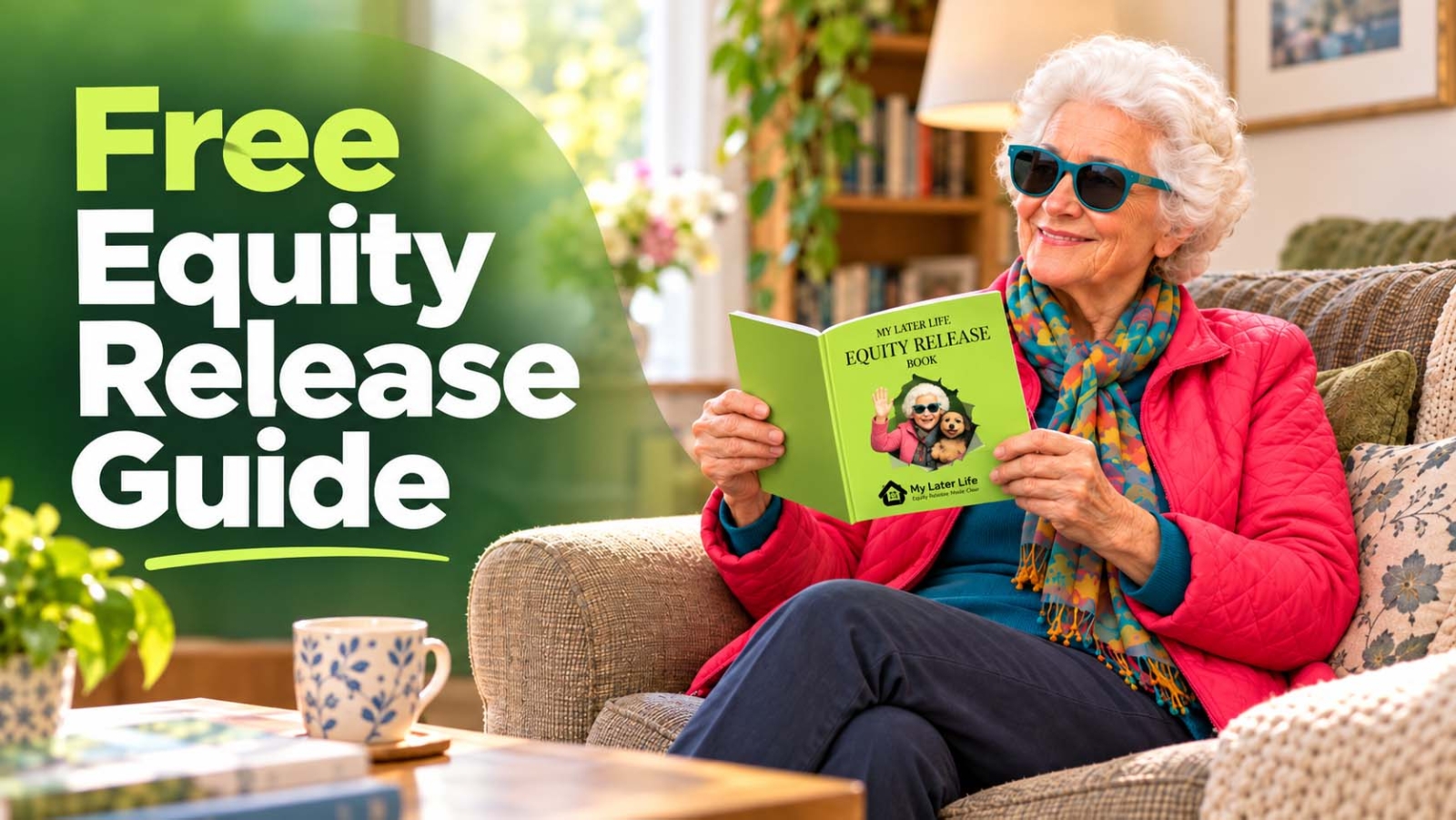 An older woman relaxing at home while reading the free My Later Life Equity Release Guide. The thumbnail highlights a free equity release guide for UK homeowners who want to understand lifetime mortgages, costs, risks, inheritance considerations and their later-life mortgage options before making a decision.