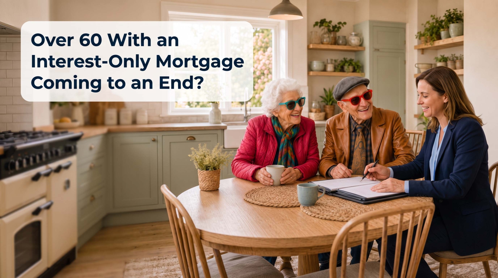 Older couple smiling at a kitchen table with a female equity release adviser, discussing options as their interest-only mortgage comes to an end
